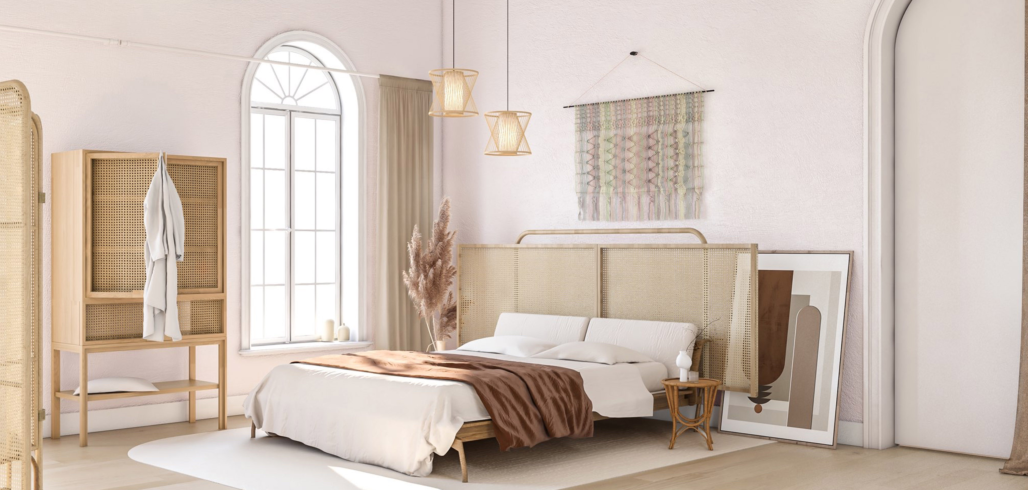 Hängelampe aus gewebtem Bambus im Boho Style