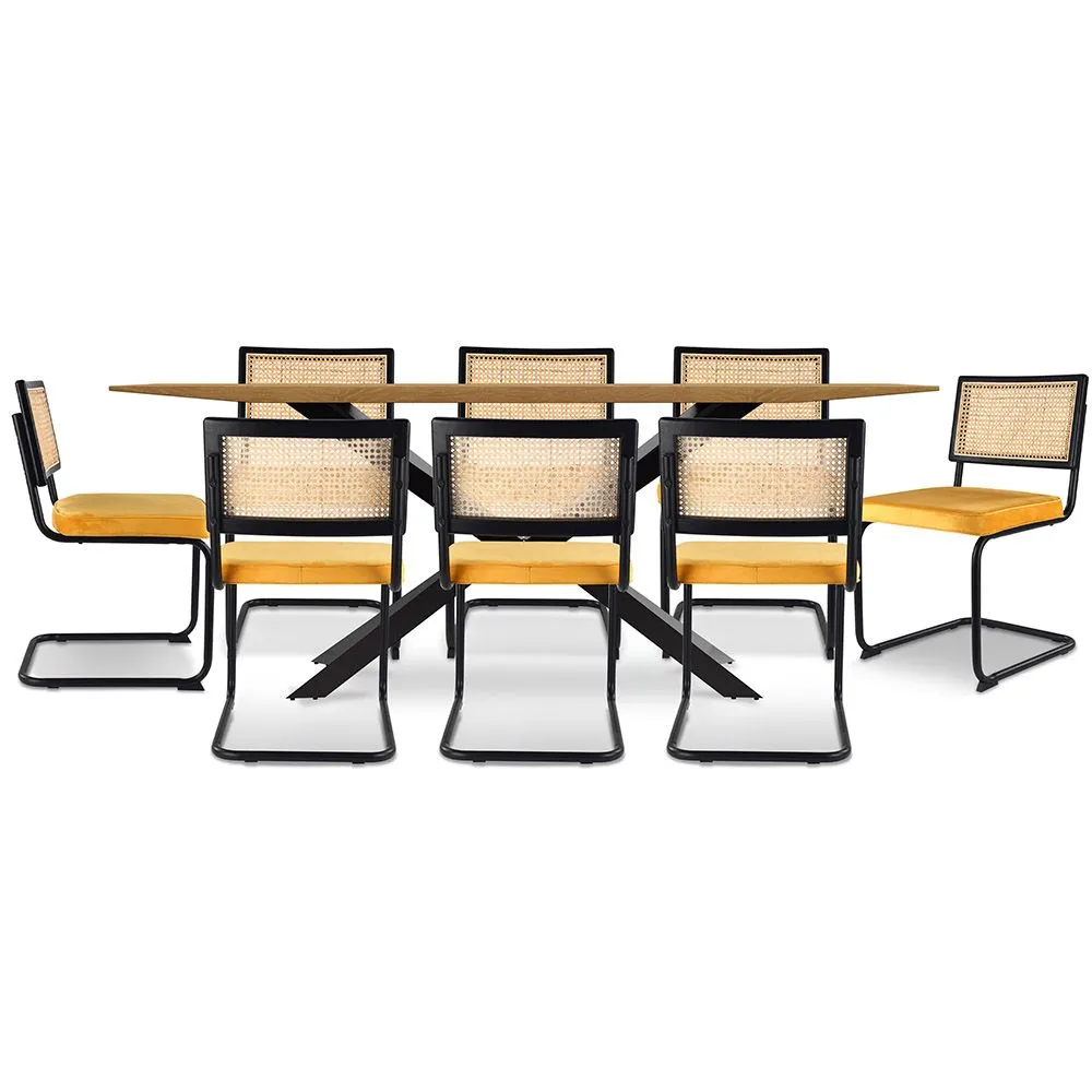 Pack Esstisch aus Holz im Industriedesign (220cm) & 8 Rattan-Esszimmerstühle mit Samtpolsterung - Puila image 8