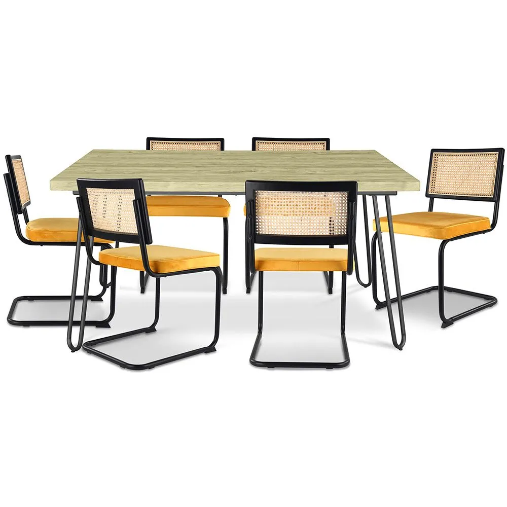 Pack Industrial Design Esstisch 150cm & 6 Rattan-Esszimmerstühle - Samtpolsterung - Puila image 8