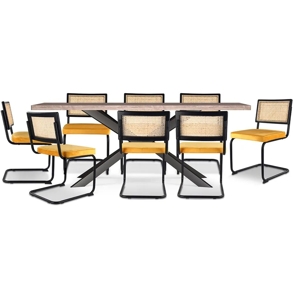 Packung Esstisch aus Holz im Industriedesign (200cm) & 8 Rattan-Esszimmerstühle - gepolstert in Samt - Puila image 8