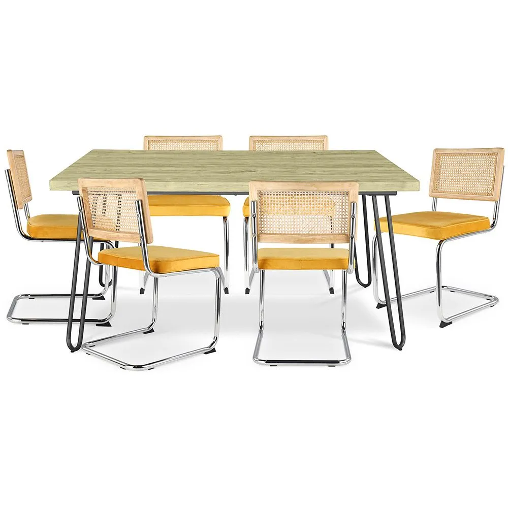 Packung Industrial Design Esstisch 150cm & 6 Rattan-Esszimmerstühle - Samtpolsterung - Martha image 8