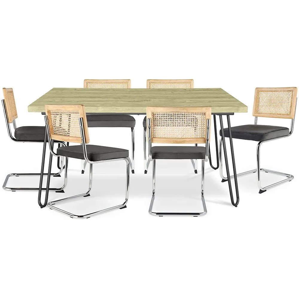 Packung Industrial Design Esstisch 150cm & 6 Rattan-Esszimmerstühle - Samtpolsterung - Martha image 8