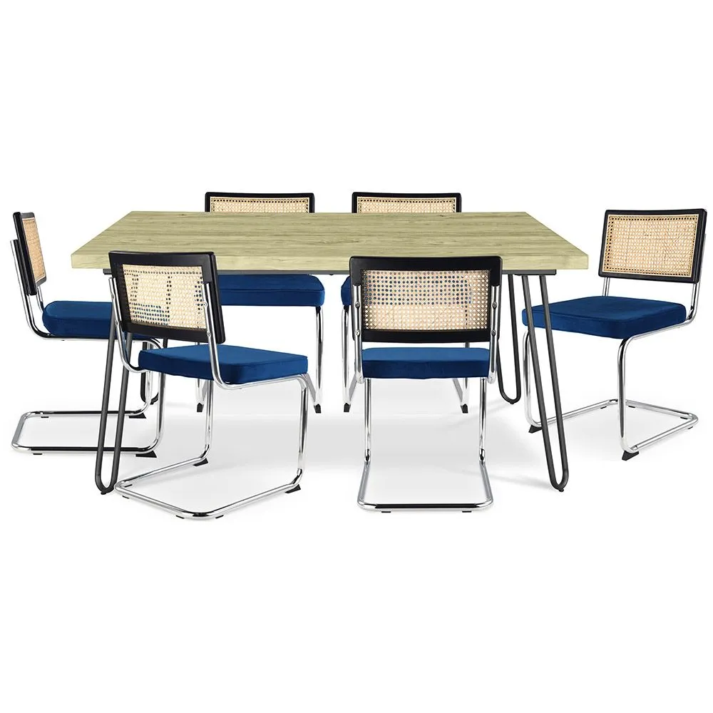 Packung Industrial Design Esstisch 150cm & 6 Rattan-Esszimmerstühle - Samtpolsterung - Hyre image 8