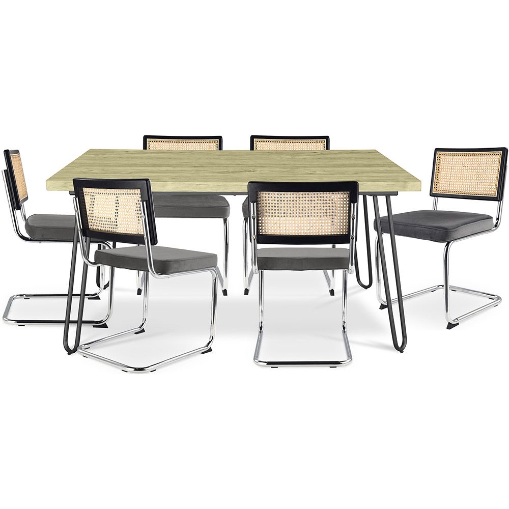 Packung Industrial Design Esstisch 150cm & 6 Rattan-Esszimmerstühle - Samtpolsterung - Hyre image 8