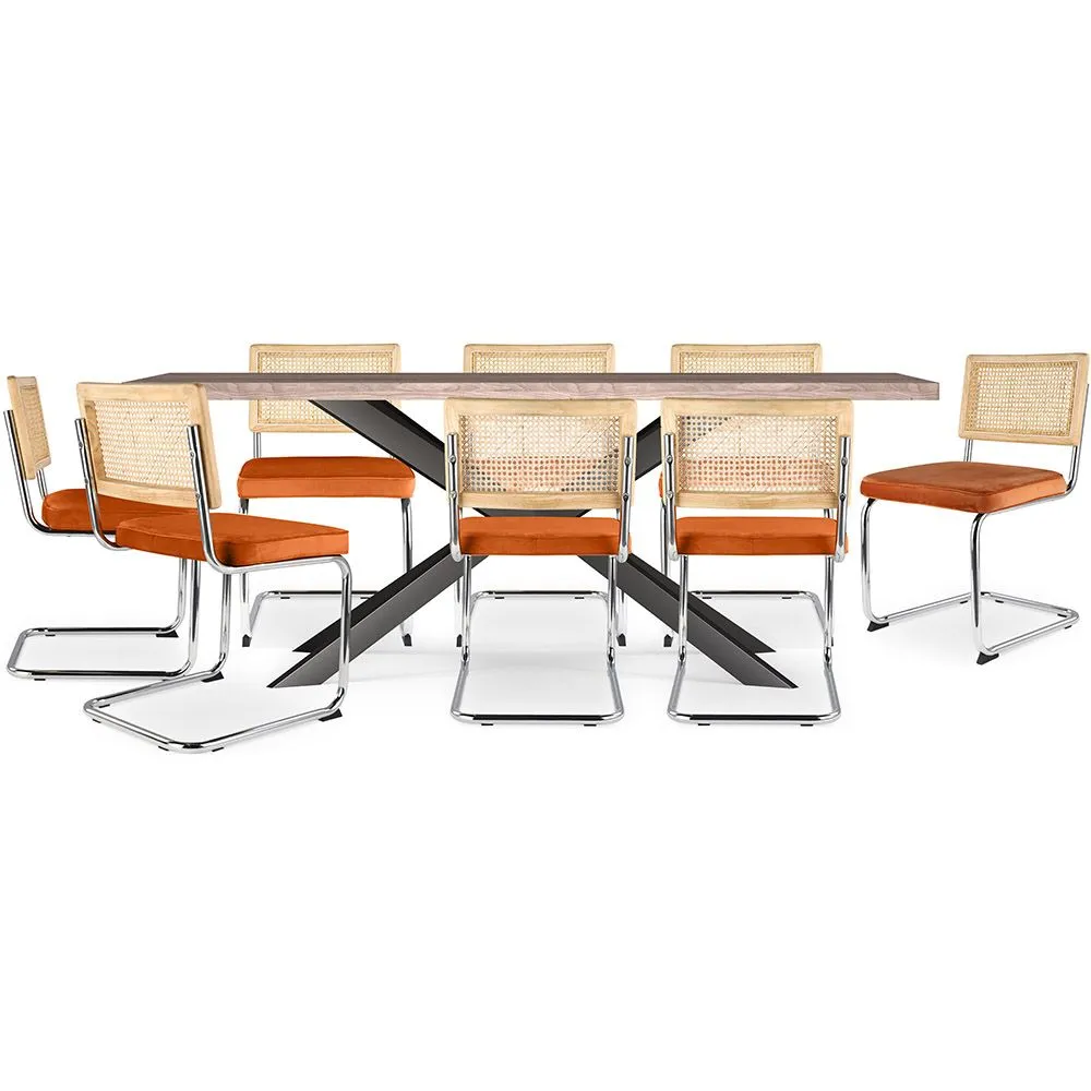 Packung Esstisch aus Holz im Industriedesign (200cm) & 8 Rattan-Esszimmerstühle - Samtpolsterung - Martha image 8