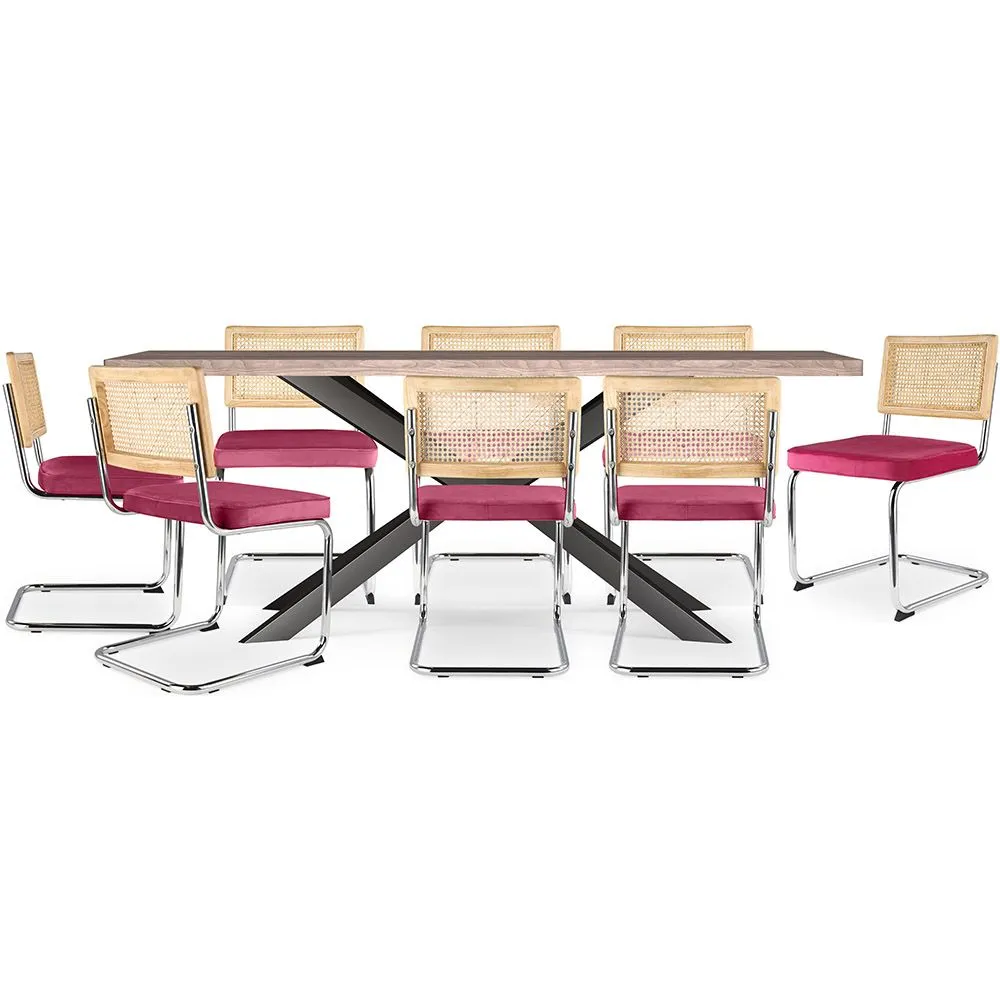Packung Esstisch aus Holz im Industriedesign (200cm) & 8 Rattan-Esszimmerstühle - Samtpolsterung - Martha image 8