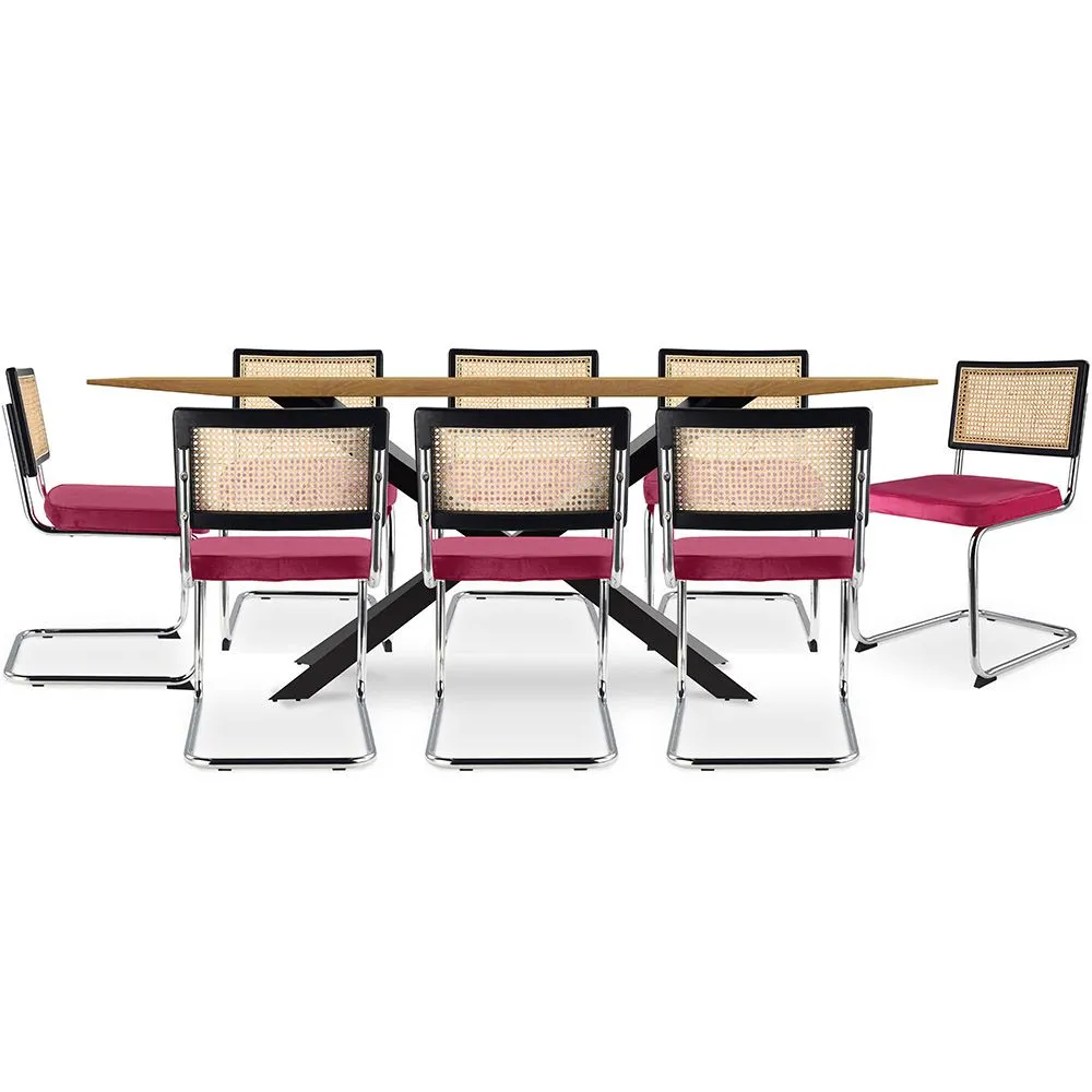 Pack Esstisch aus Holz im Industriedesign (220cm) & 8 Rattan-Esszimmerstühle - Samtpolsterung - Hyre image 8